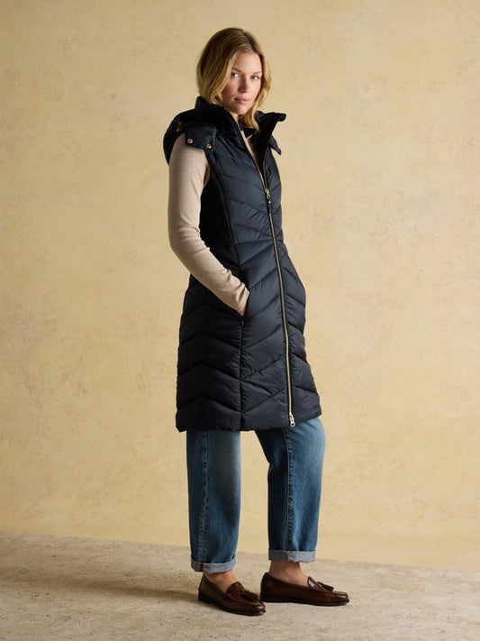 Pembury Navy Longline Showerproof Padded Gilet with Hood