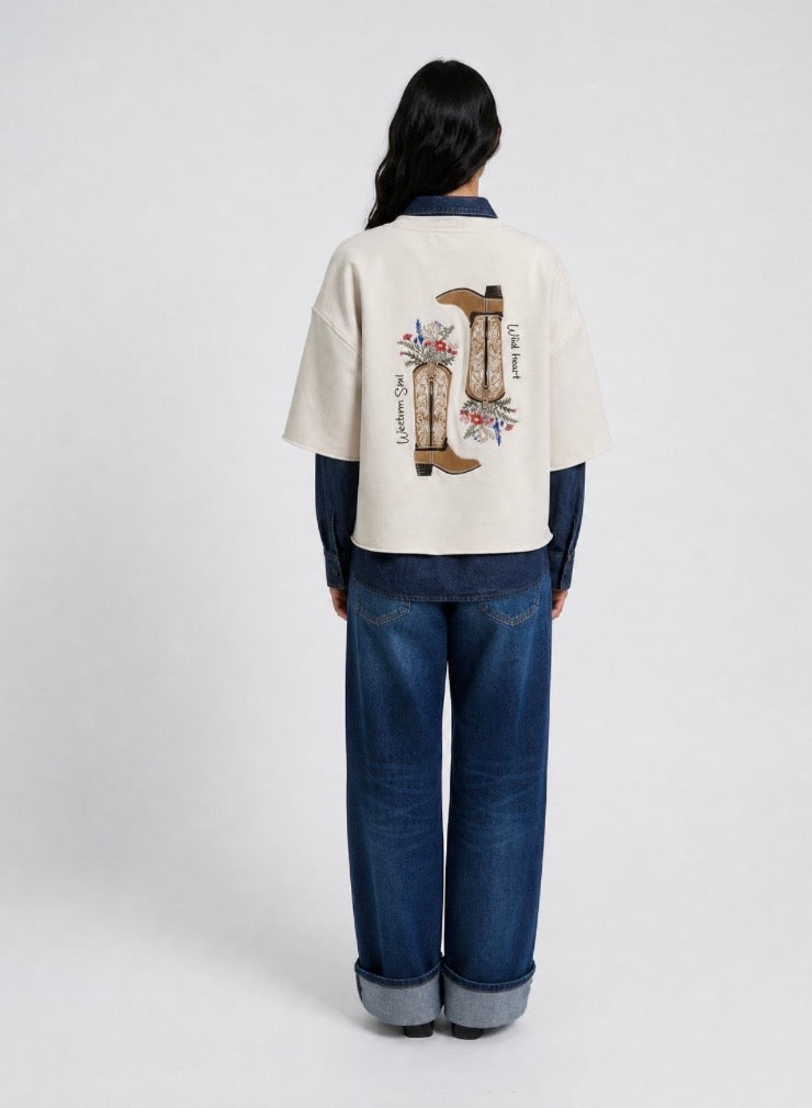 Boxy Cropped Sweatshirt Shortsleeves Oat Milk