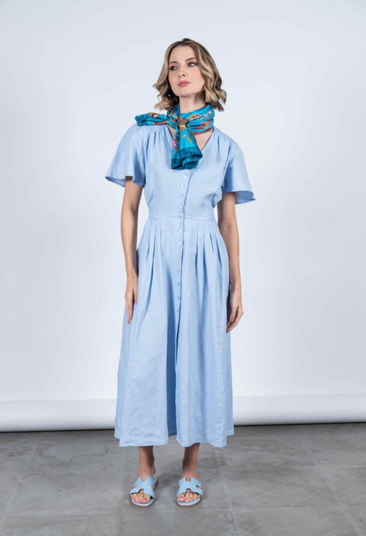 Alina Dress Plain Blue Linen
