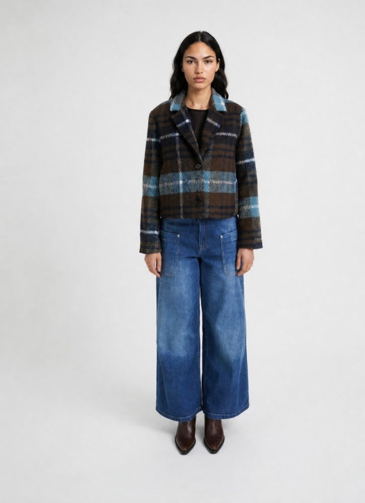 Check Cropped Jacket Marine Print