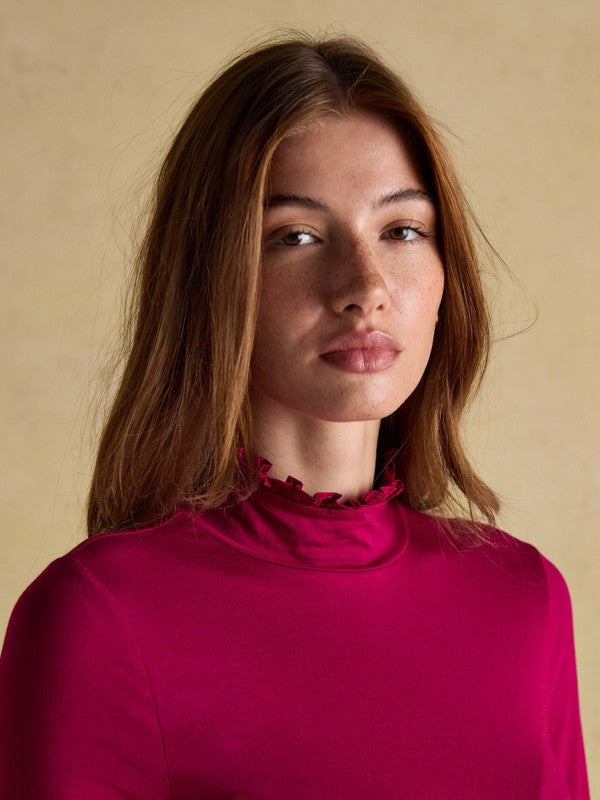Amy Red Long Sleeve High Frill Neck Jersey Top