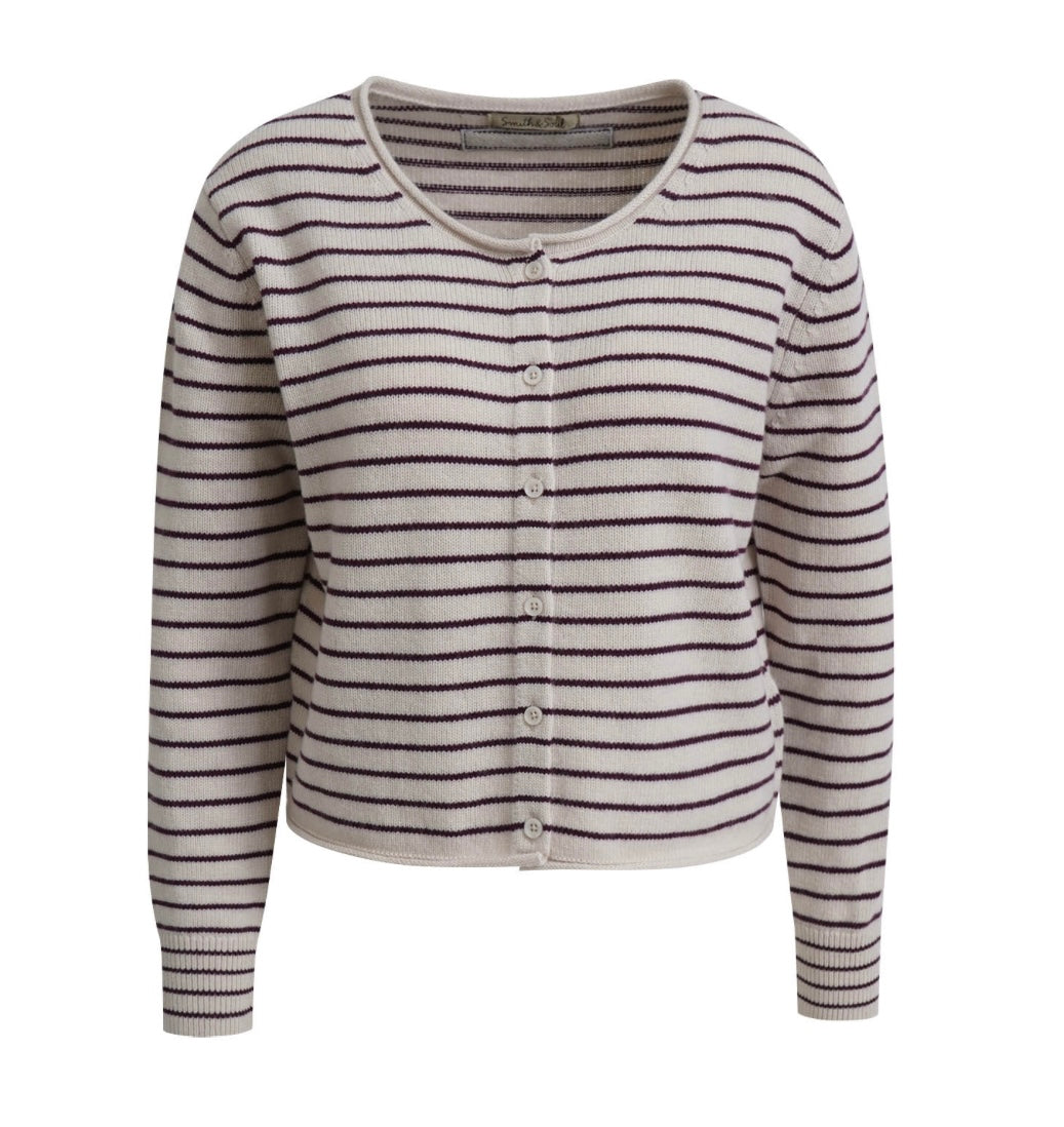 Striped Round Neck Cardigan Plum Print