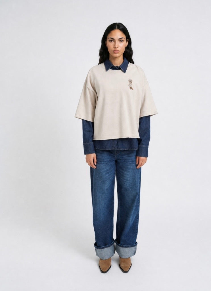 Boxy Cropped Sweatshirt Shortsleeves Oat Milk