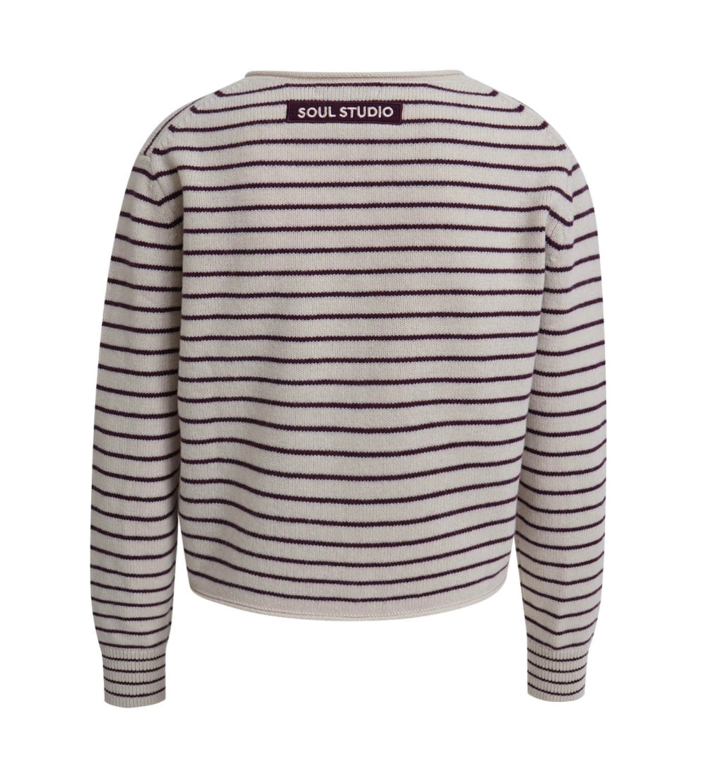 Striped Round Neck Cardigan Plum Print