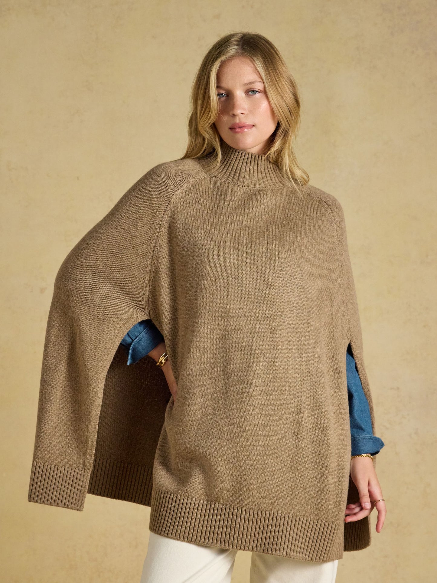 Tan Brown Horse Wool Blend High Neck Knitted Cape