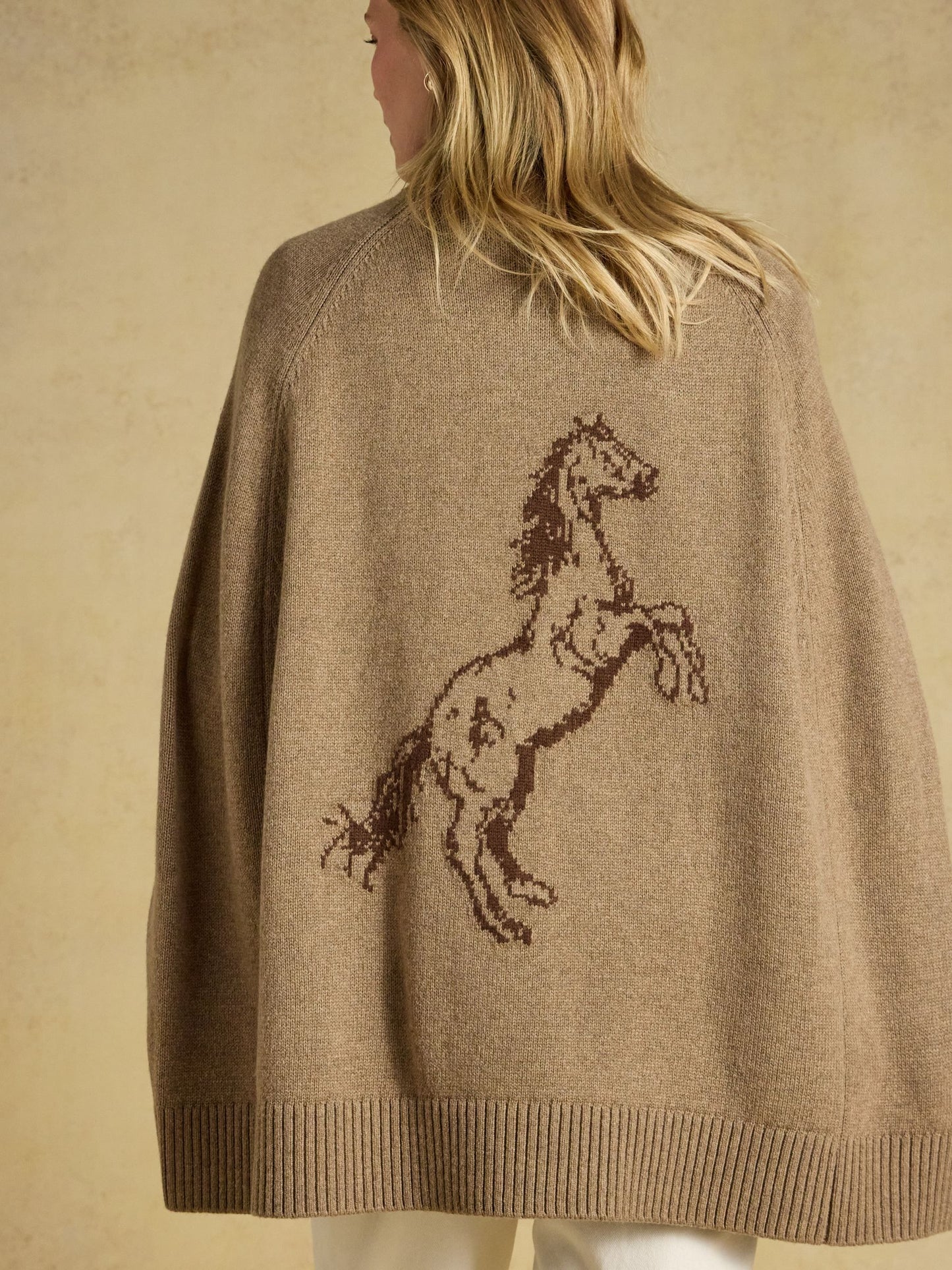 Tan Brown Horse Wool Blend High Neck Knitted Cape