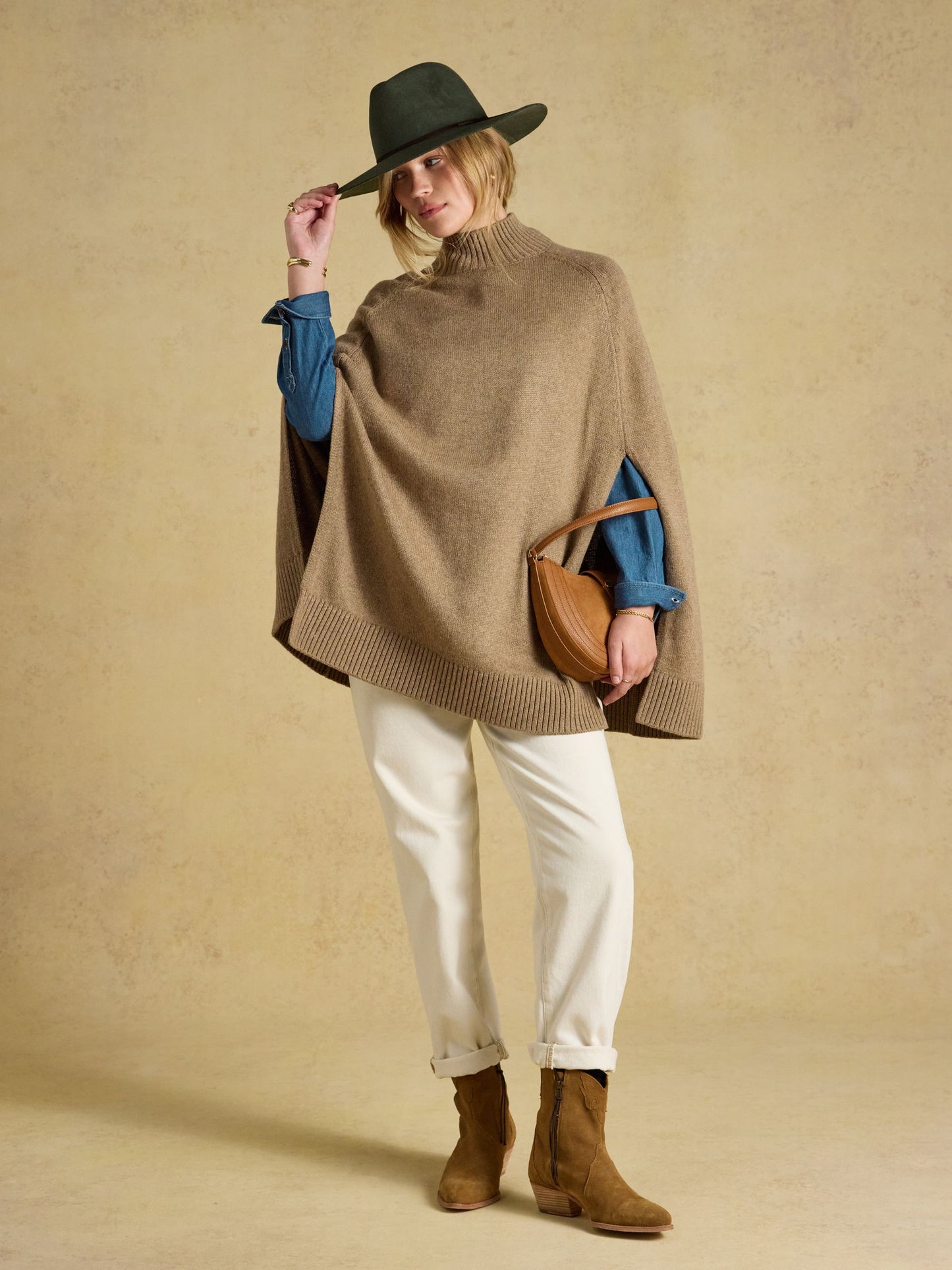 Tan Brown Horse Wool Blend High Neck Knitted Cape