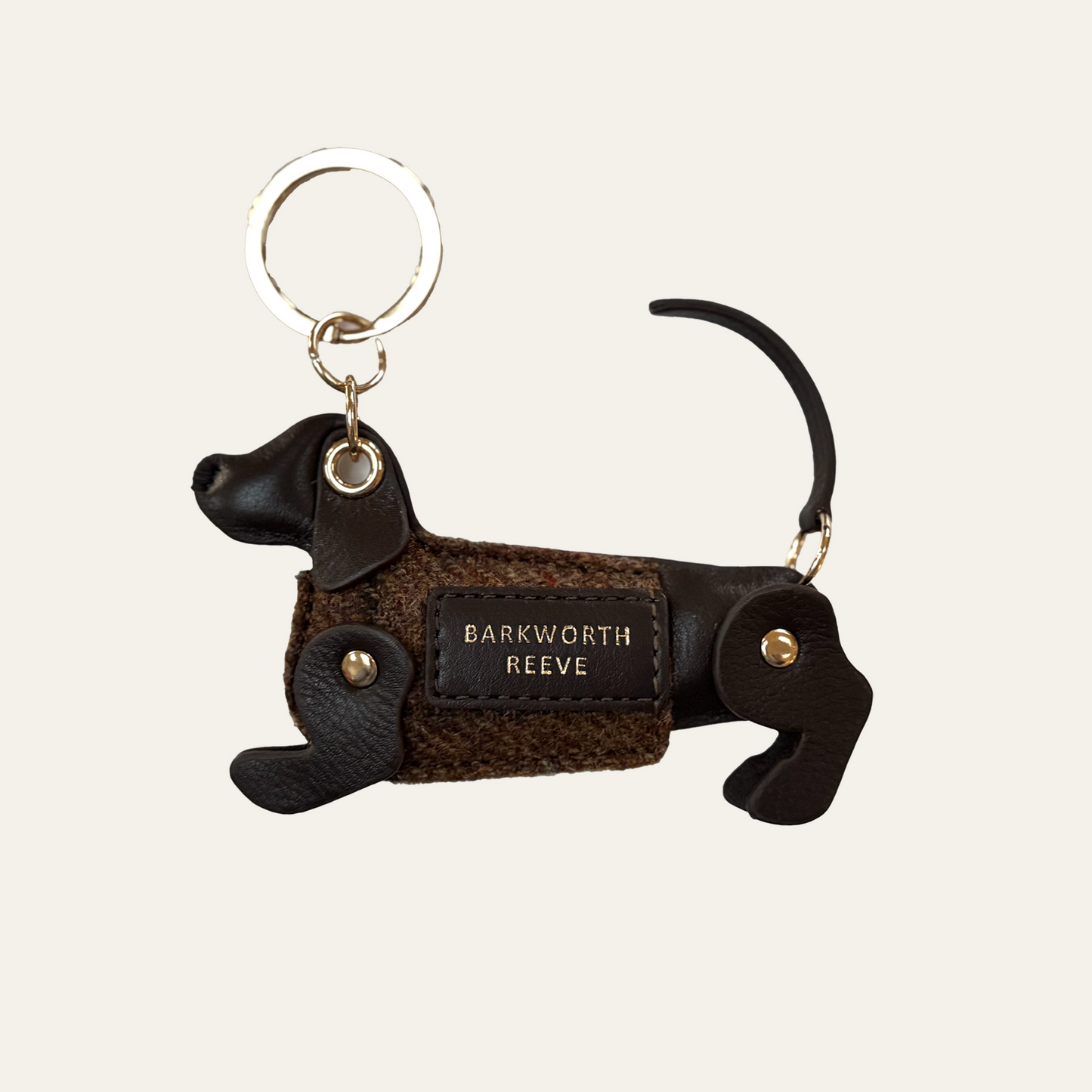 Sausage Dog Keyring Chocolate Leather & Brown Country Tweed