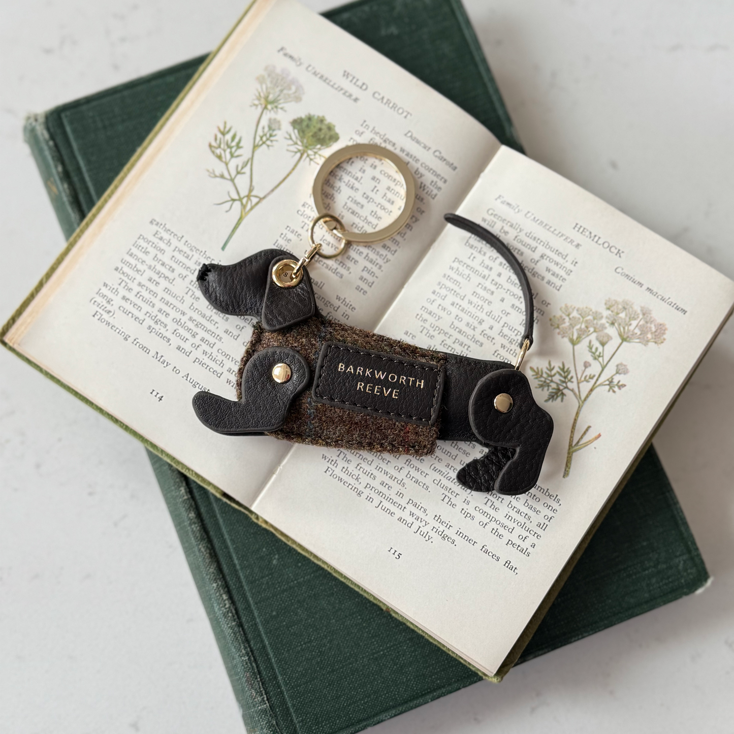 Sausage Dog Keyring Chocolate Leather & Brown Country Tweed