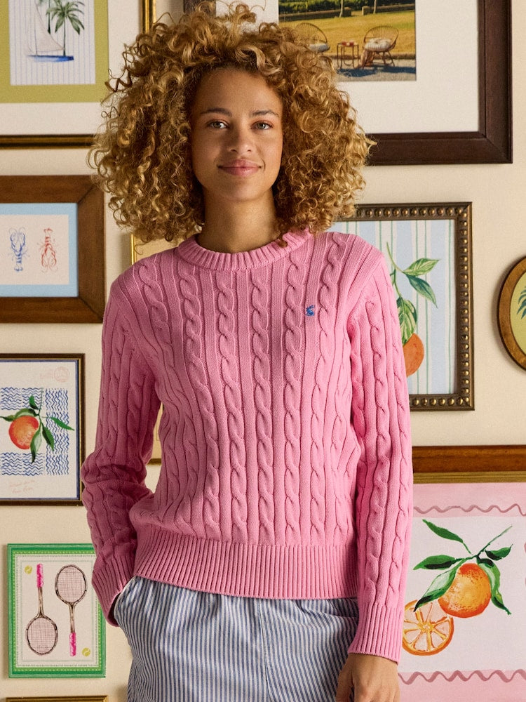 Classic Cable Pink Cotton Crew Neck Jumper