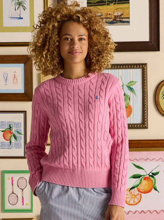 Classic Cable Pink Cotton Crew Neck Jumper
