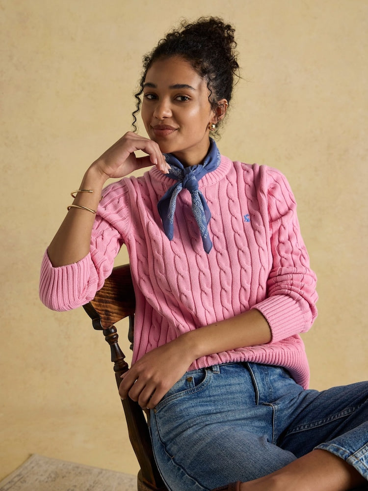 Classic Cable Pink Cotton Crew Neck Jumper