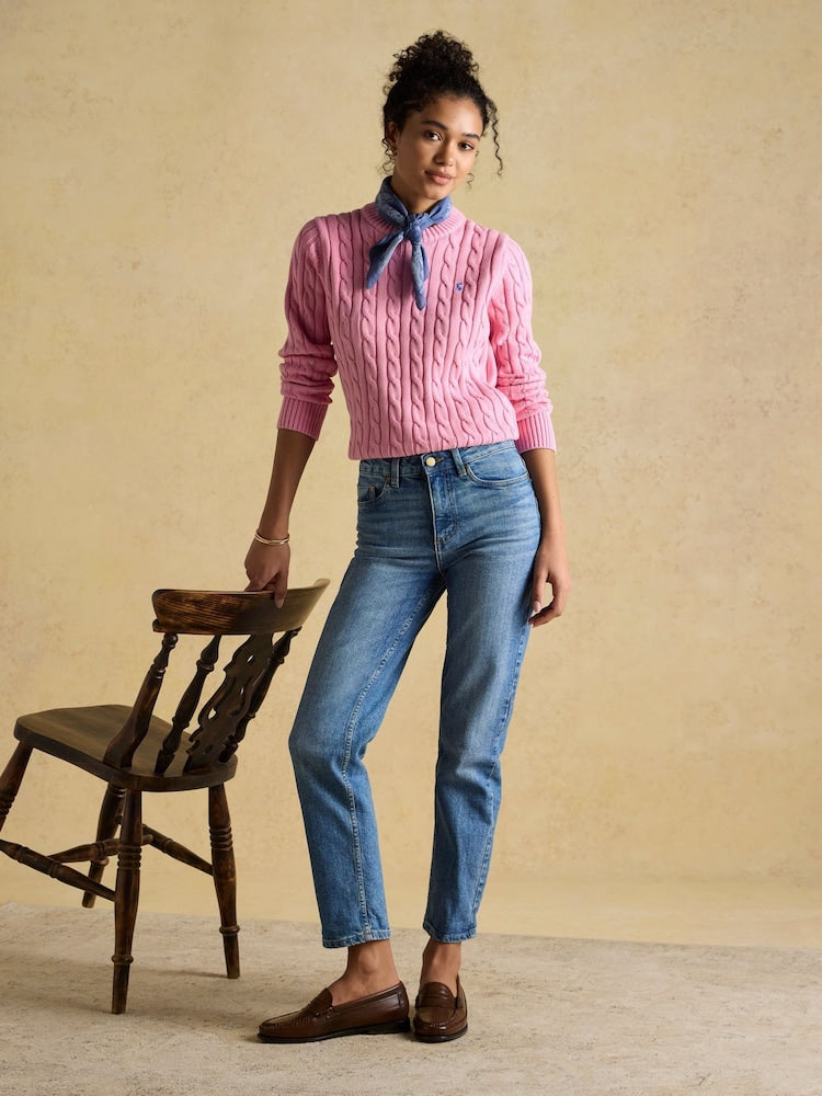 Classic Cable Pink Cotton Crew Neck Jumper