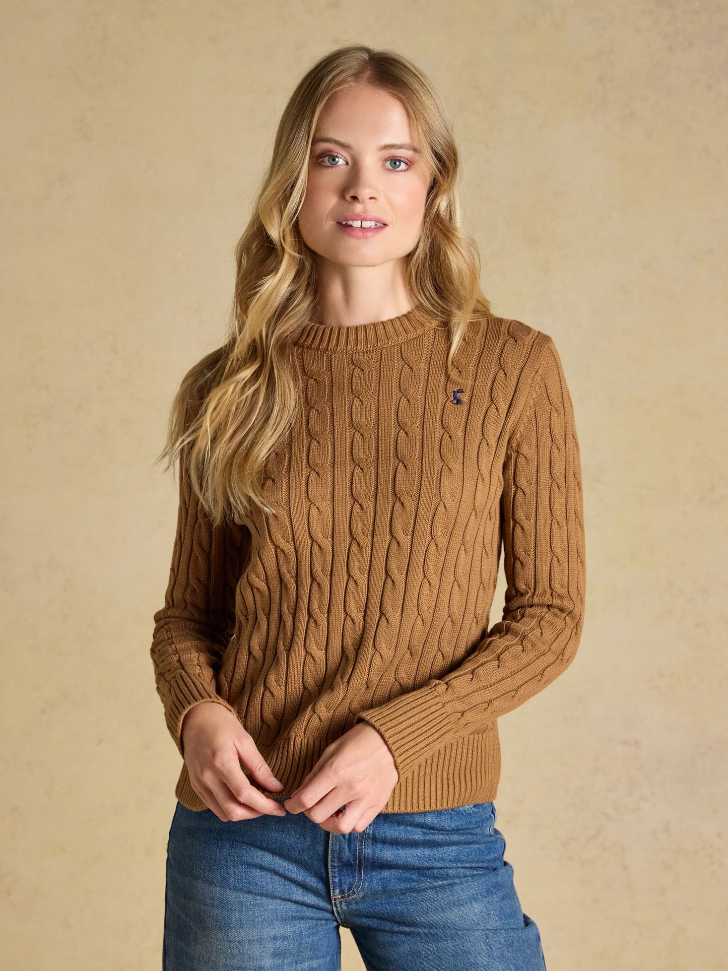 Camel Classic Crew Neck Cotton Cable Knit Jumper