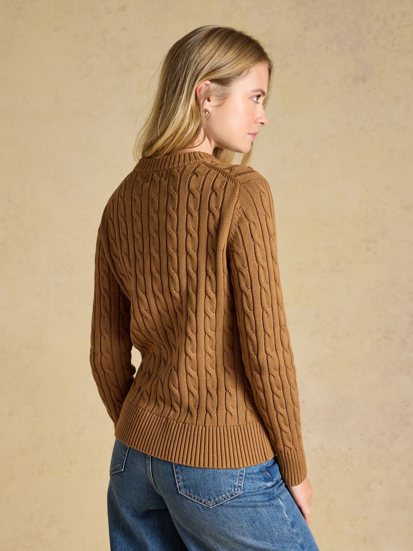 Camel Classic Crew Neck Cotton Cable Knit Jumper