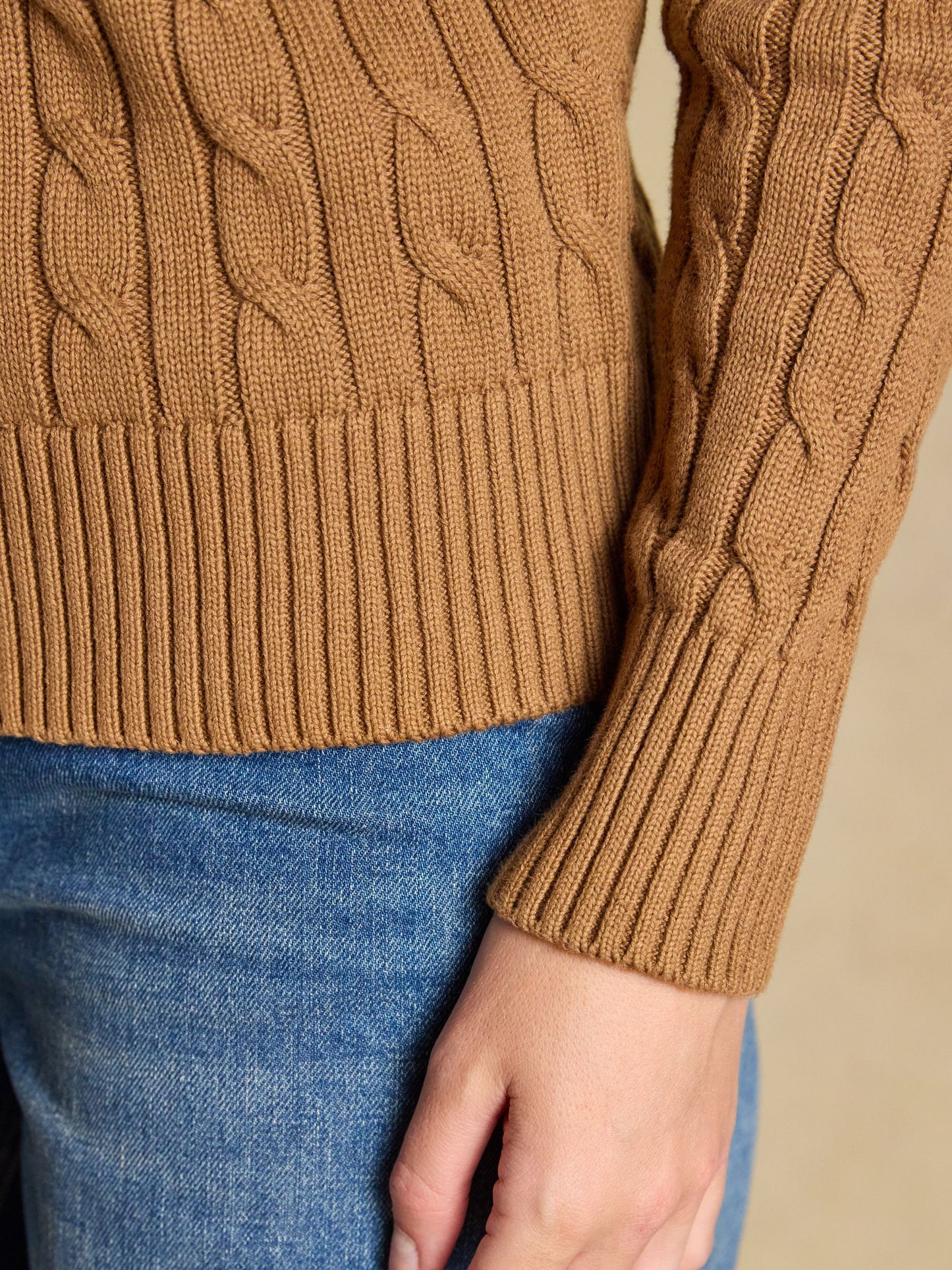 Camel Classic Crew Neck Cotton Cable Knit Jumper