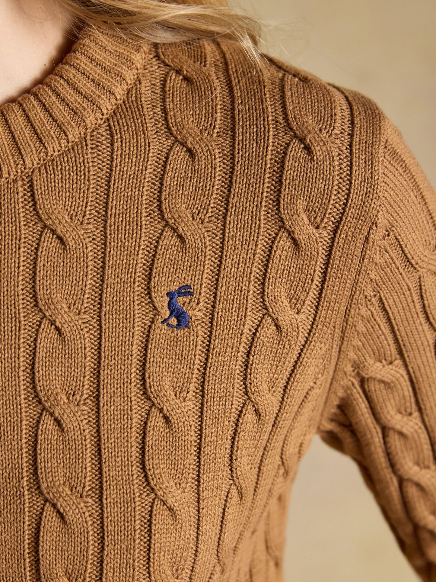 Camel Classic Crew Neck Cotton Cable Knit Jumper