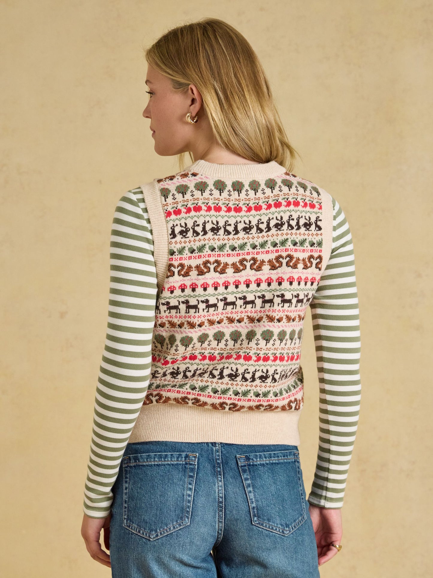 Orchard Pattern Oatmeal Cotton Blend Crew Neck Knitted Vest