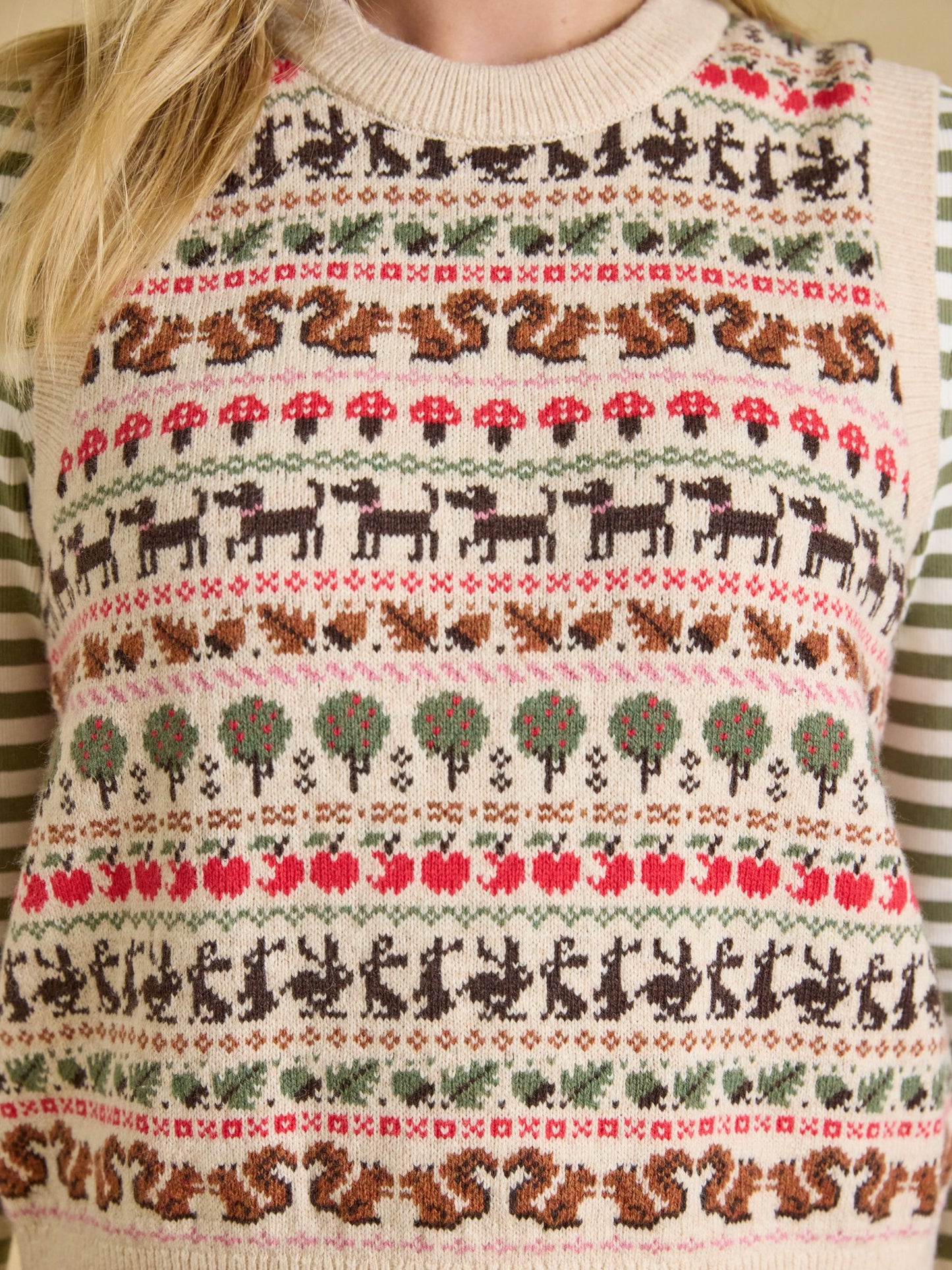 Orchard Pattern Oatmeal Cotton Blend Crew Neck Knitted Vest