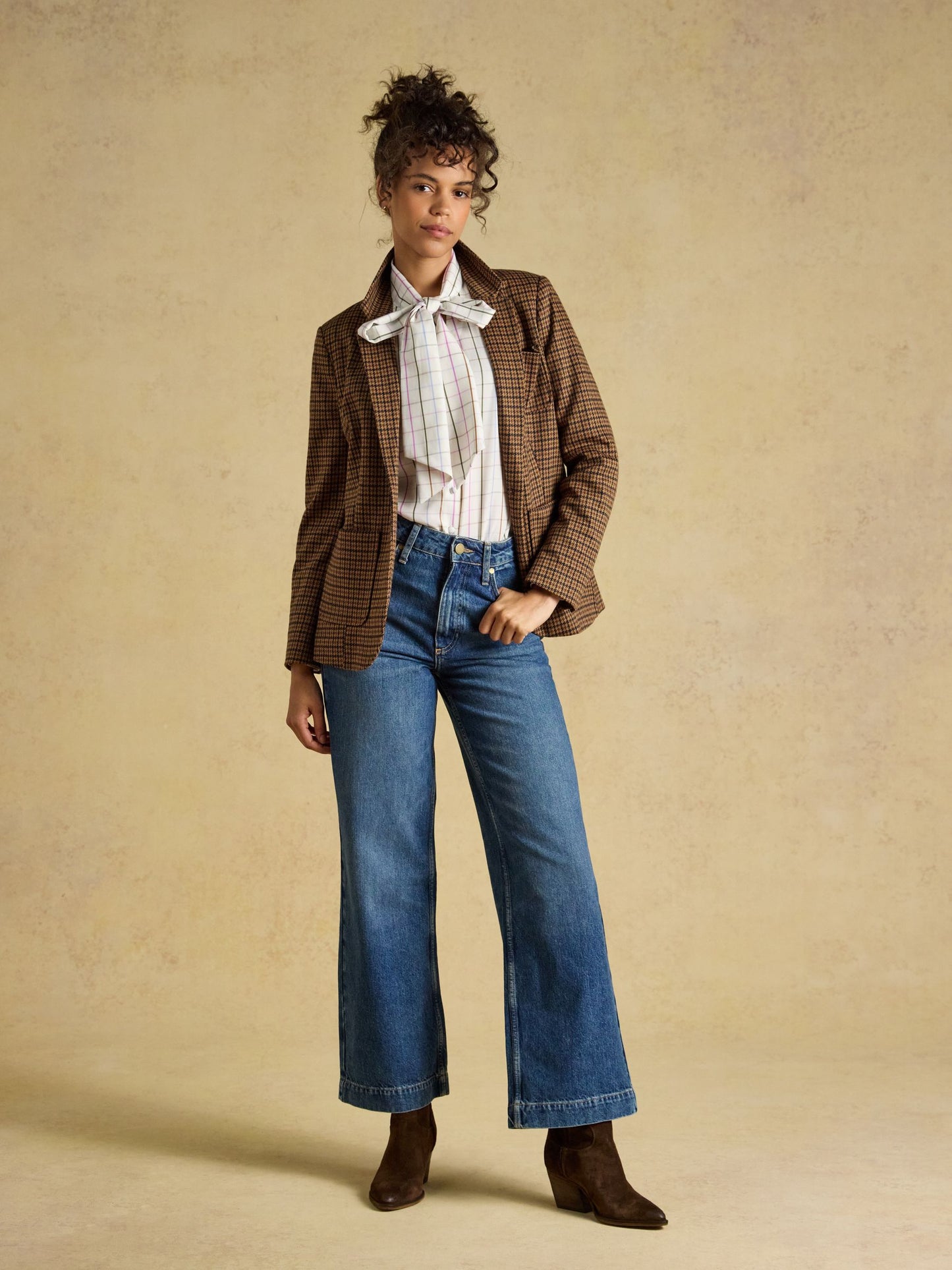 Tabby Cream Check Tie Neck Blouse