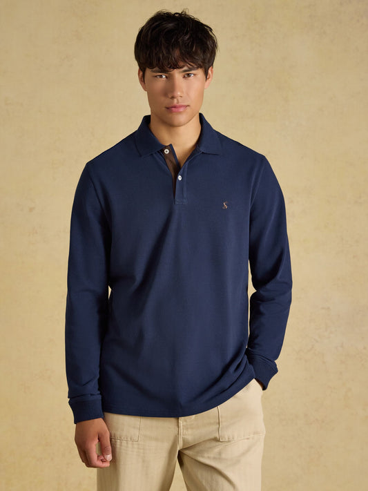 Navy Long Sleeve Cotton Pique Polo Shirt