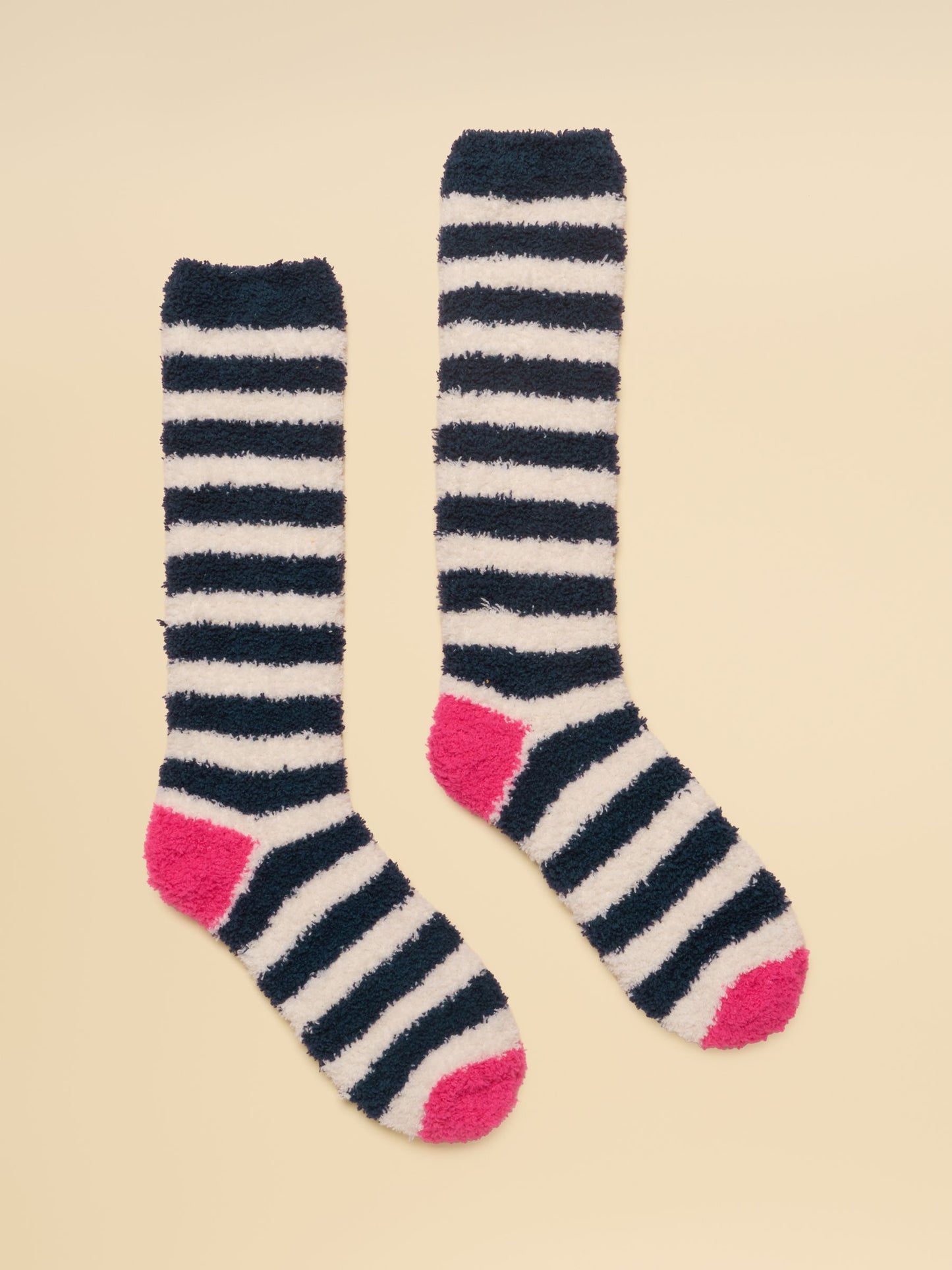 Women's Fluffy Navy Cream Stripe Socks (size 4-8)