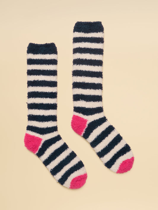 Women's Fluffy Navy Cream Stripe Socks (size 4-8)