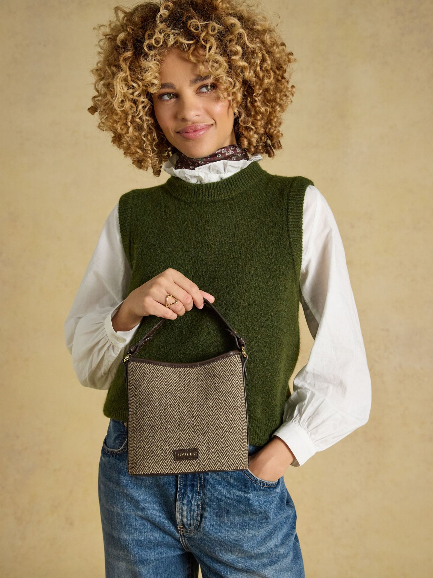 Neutral Herringbone Bucket Bag