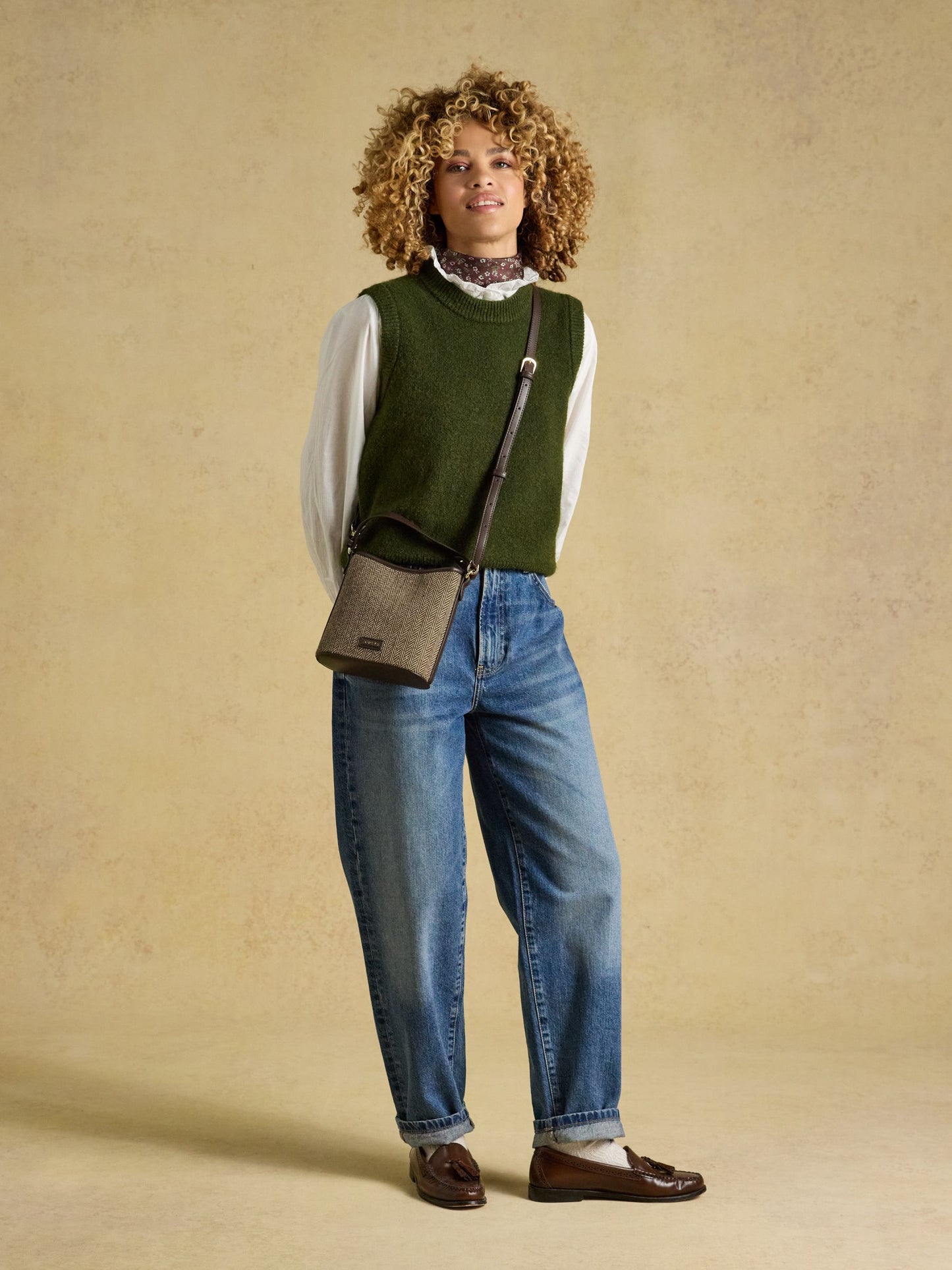 Neutral Herringbone Bucket Bag
