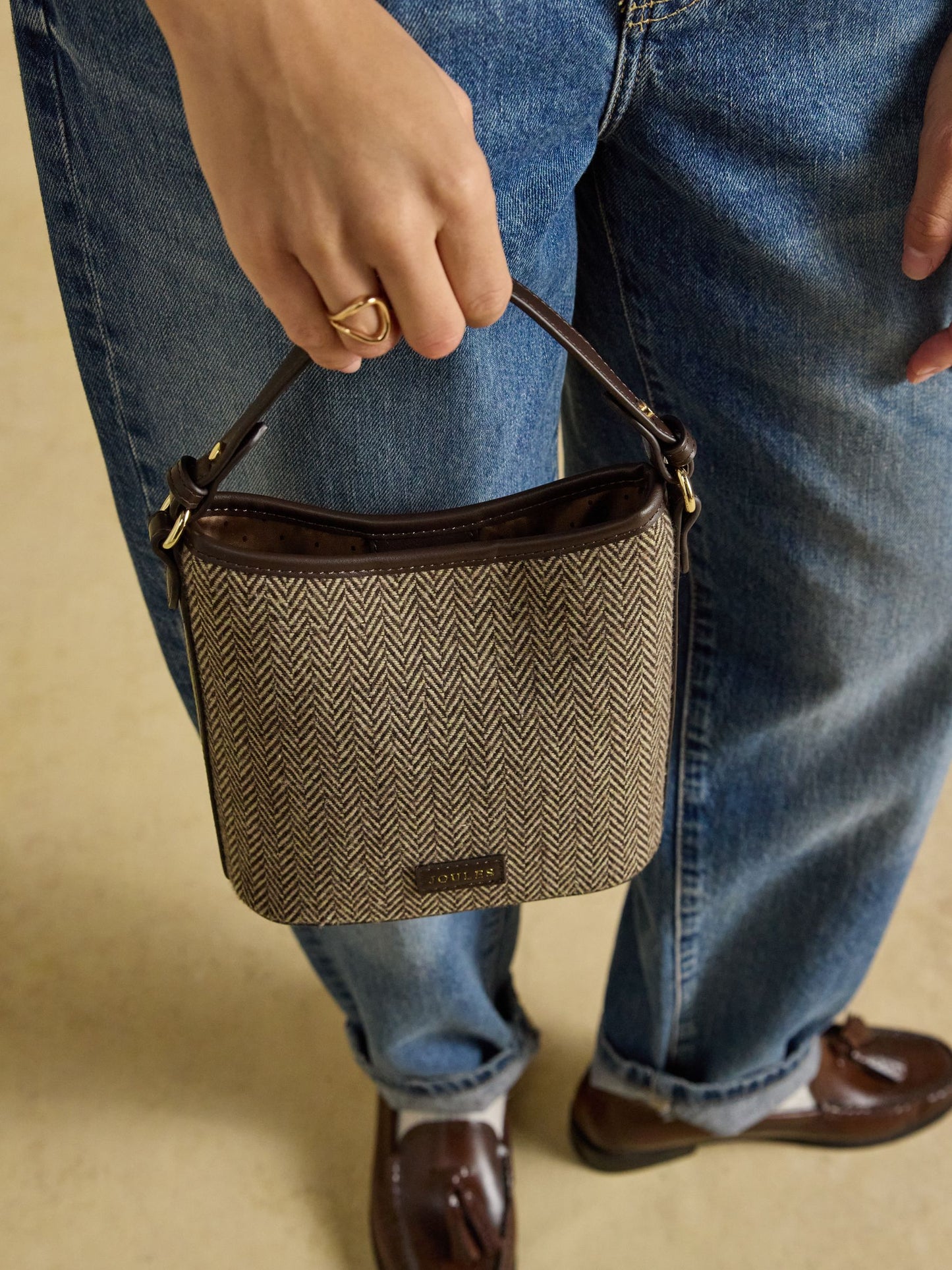 Neutral Herringbone Bucket Bag