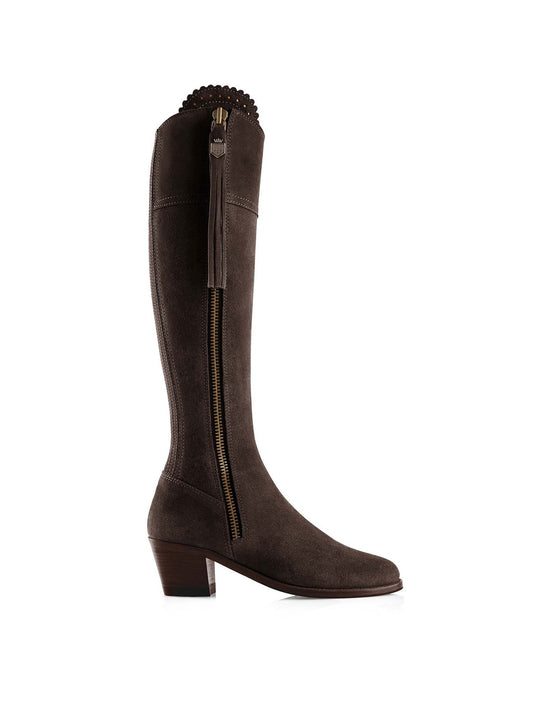 SECONDS The Regina Women's Tall Heeled Boot - Chocolate Suede, Narrow Calf