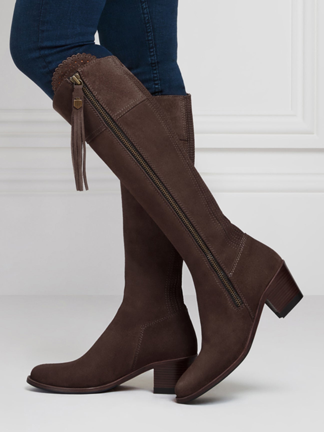 The Regina
Women's Tall Heeled Boot - Chocolate Suede, Narrow Calf