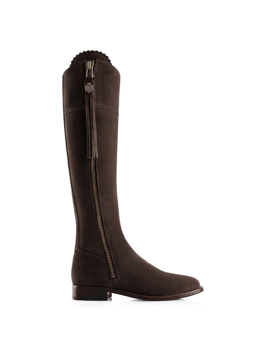 The Regina
Women's Tall Boot - Chocolate Suede, Narrow Calf