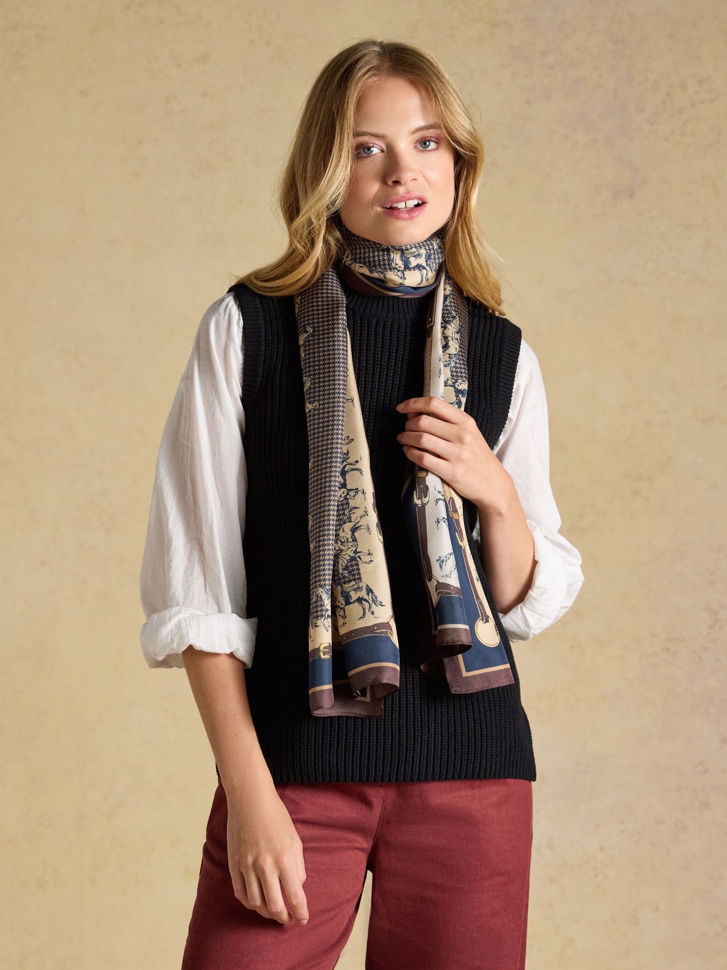 Windsor Navy & Neutral Equestrian 100% Silk Large Rectangle Scarf