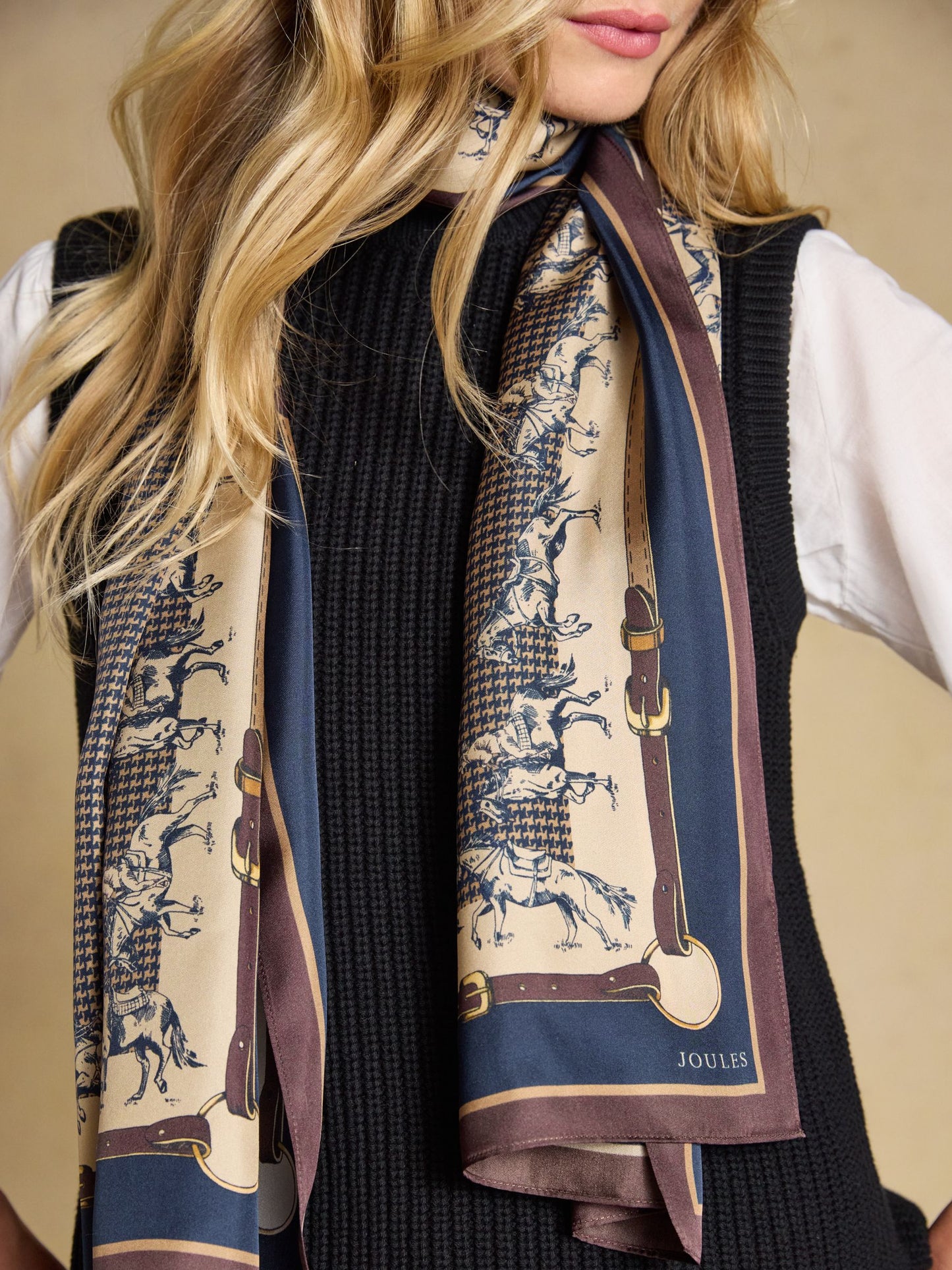 Windsor Navy & Neutral Equestrian 100% Silk Large Rectangle Scarf