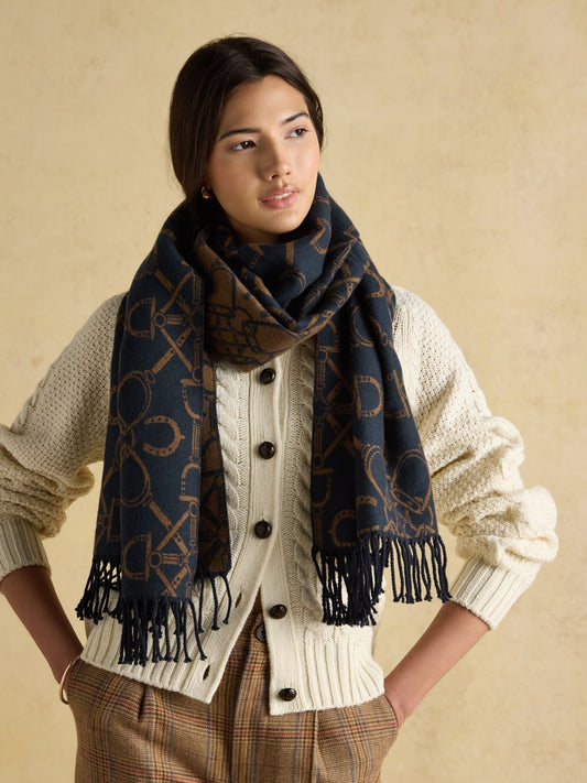 Elissa Navy/Tan Double-Sided Jacquard Scarf