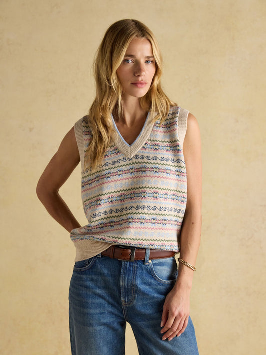 Islay Cream V Neck Fairisle Cotton Rich Vest