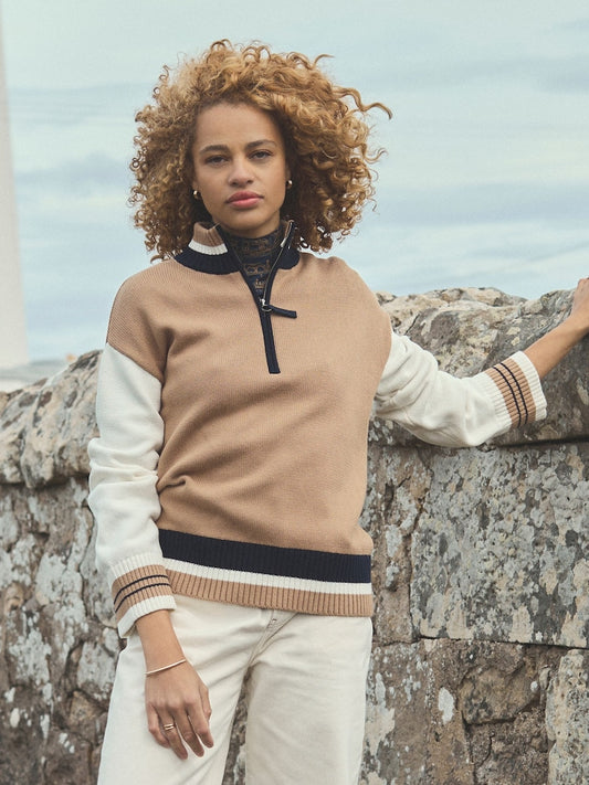 Varsity Brown/Cream Colourblock Quarter Zip Cotton Jumper