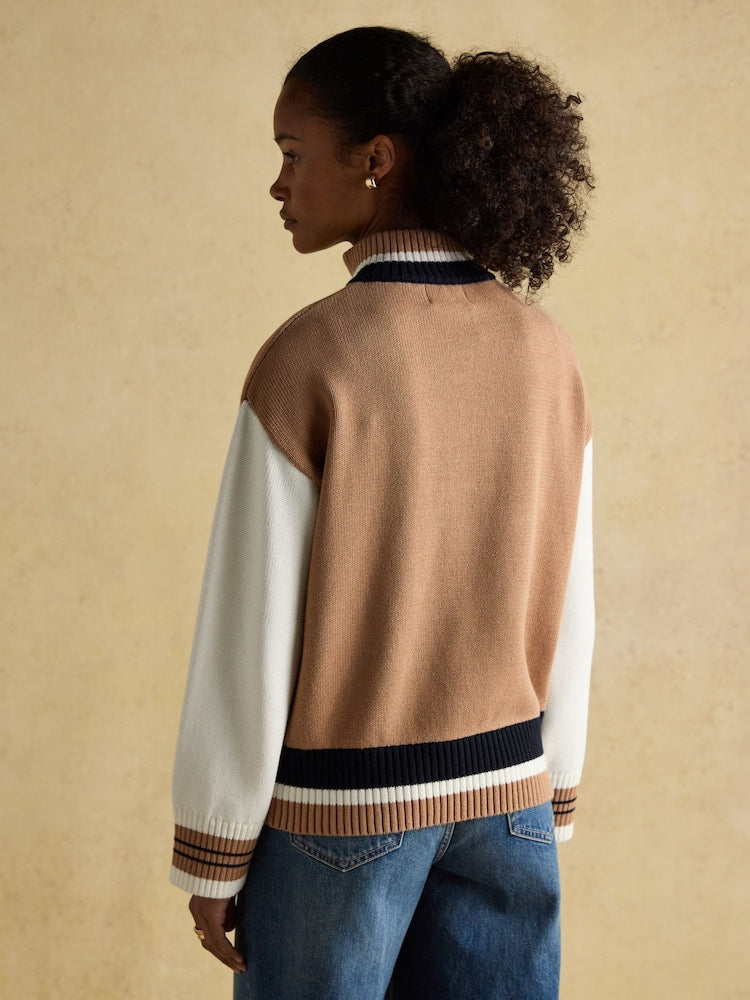 Varsity Brown/Cream Colourblock Quarter Zip Cotton Jumper