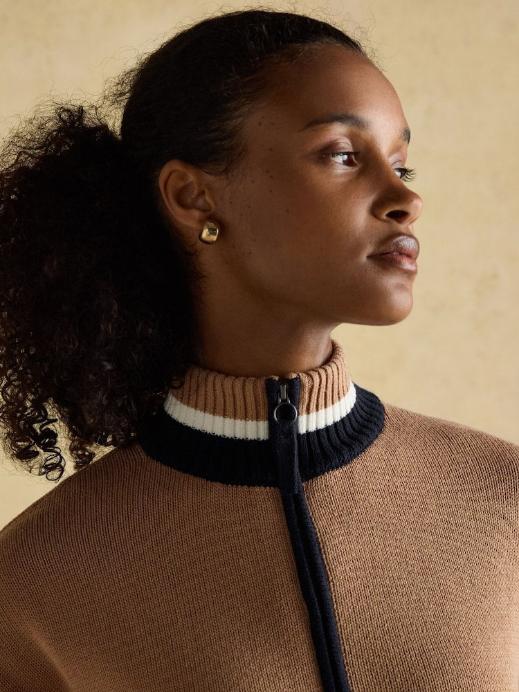 Varsity Brown/Cream Colourblock Quarter Zip Cotton Jumper