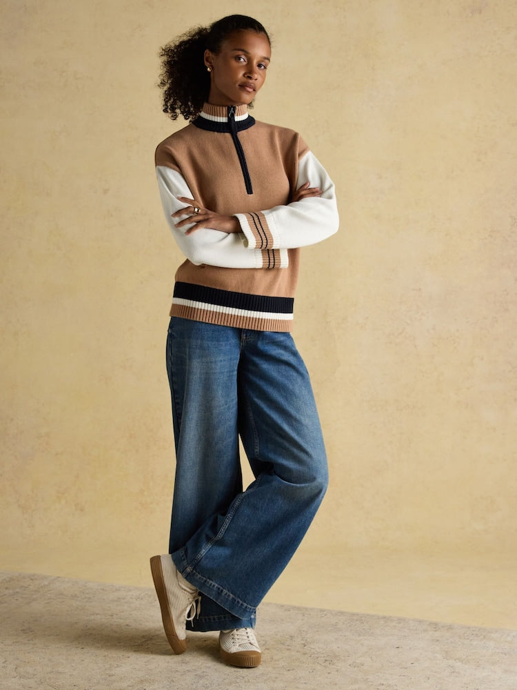 Varsity Brown/Cream Colourblock Quarter Zip Cotton Jumper