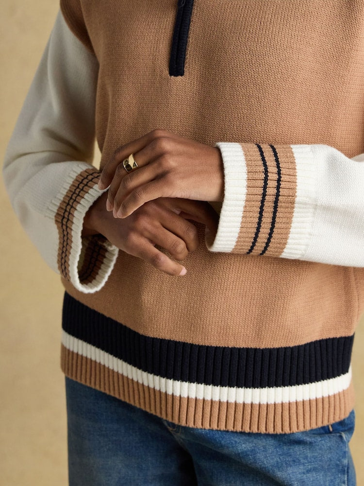 Varsity Brown/Cream Colourblock Quarter Zip Cotton Jumper