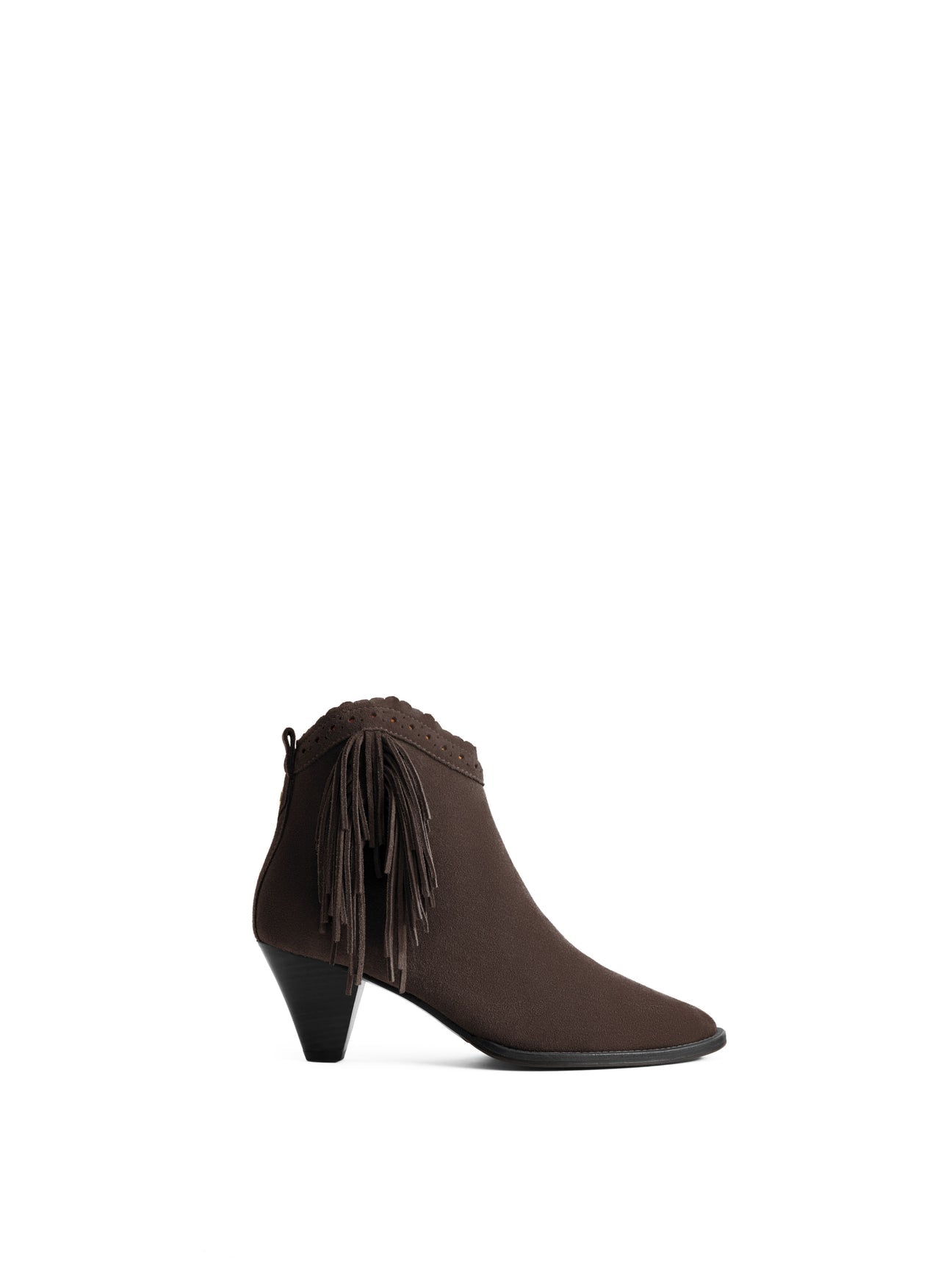 The Regina
Women's Fringed Ankle Boot - Chocolate Suede