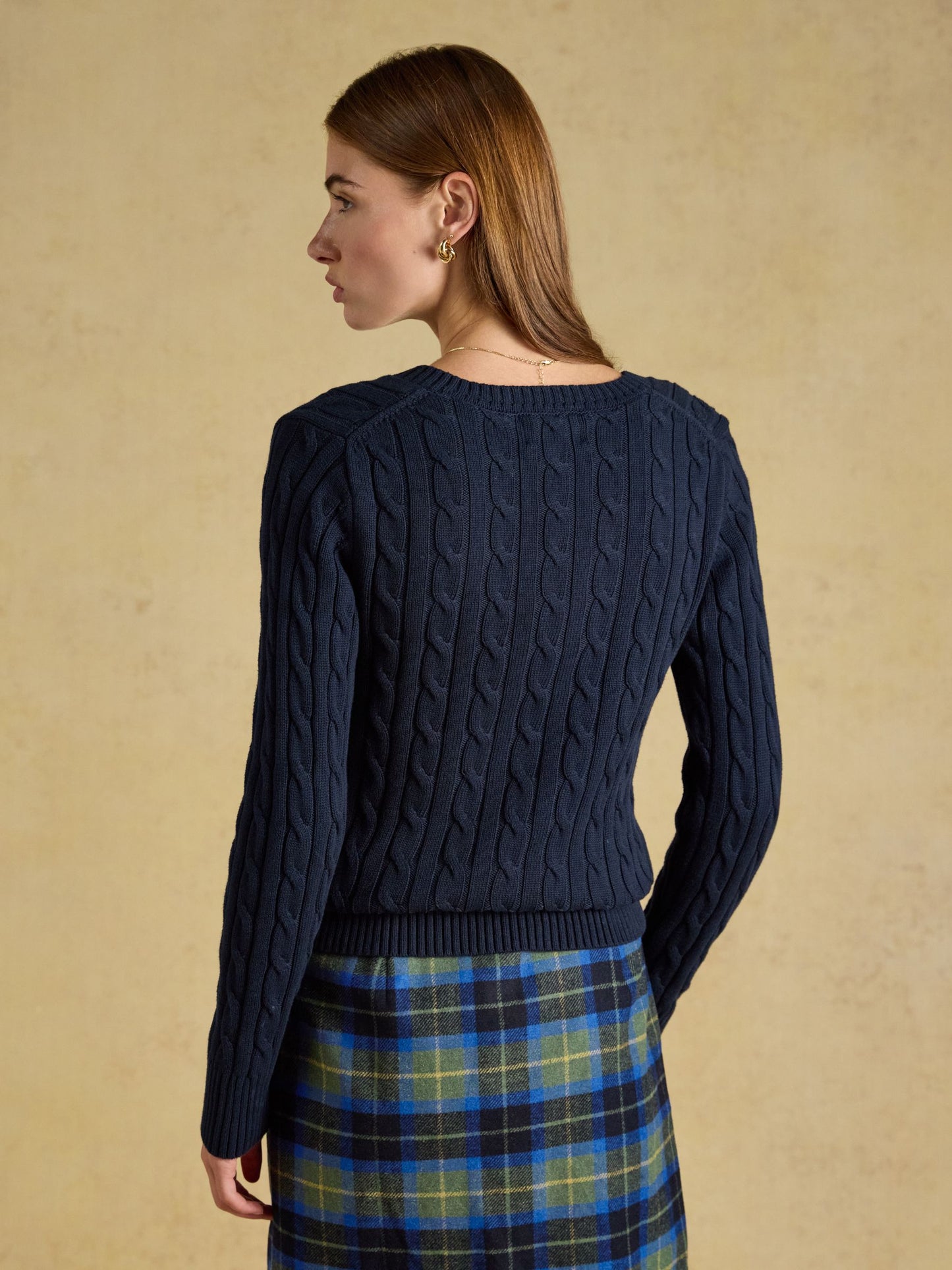 Navy Classic V-Neck Cotton Cable Knit Jumper
