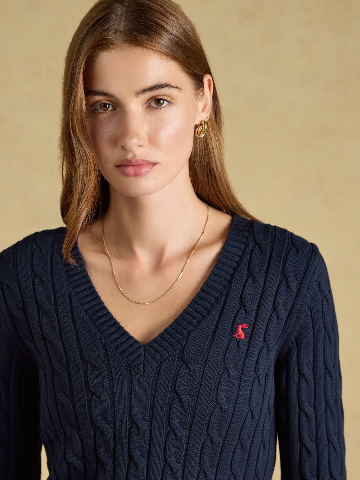 Navy Classic V-Neck Cotton Cable Knit Jumper
