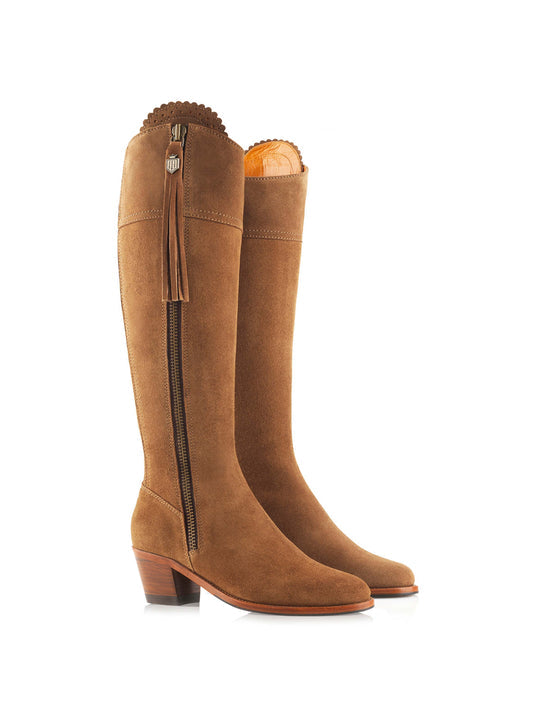 The Regina Women's Tall Heeled Boot - Tan Suede, Sporting Calf