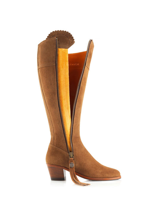 The Regina Women's Tall Heeled Boot - Tan Suede, Sporting Calf
