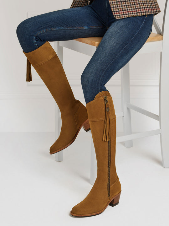 The Regina Women's Tall Heeled Boot - Tan Suede, Sporting Calf