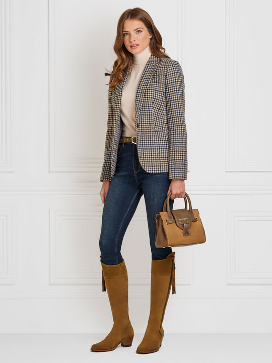 The Regina Women's Tall Heeled Boot - Tan Suede, Sporting Calf