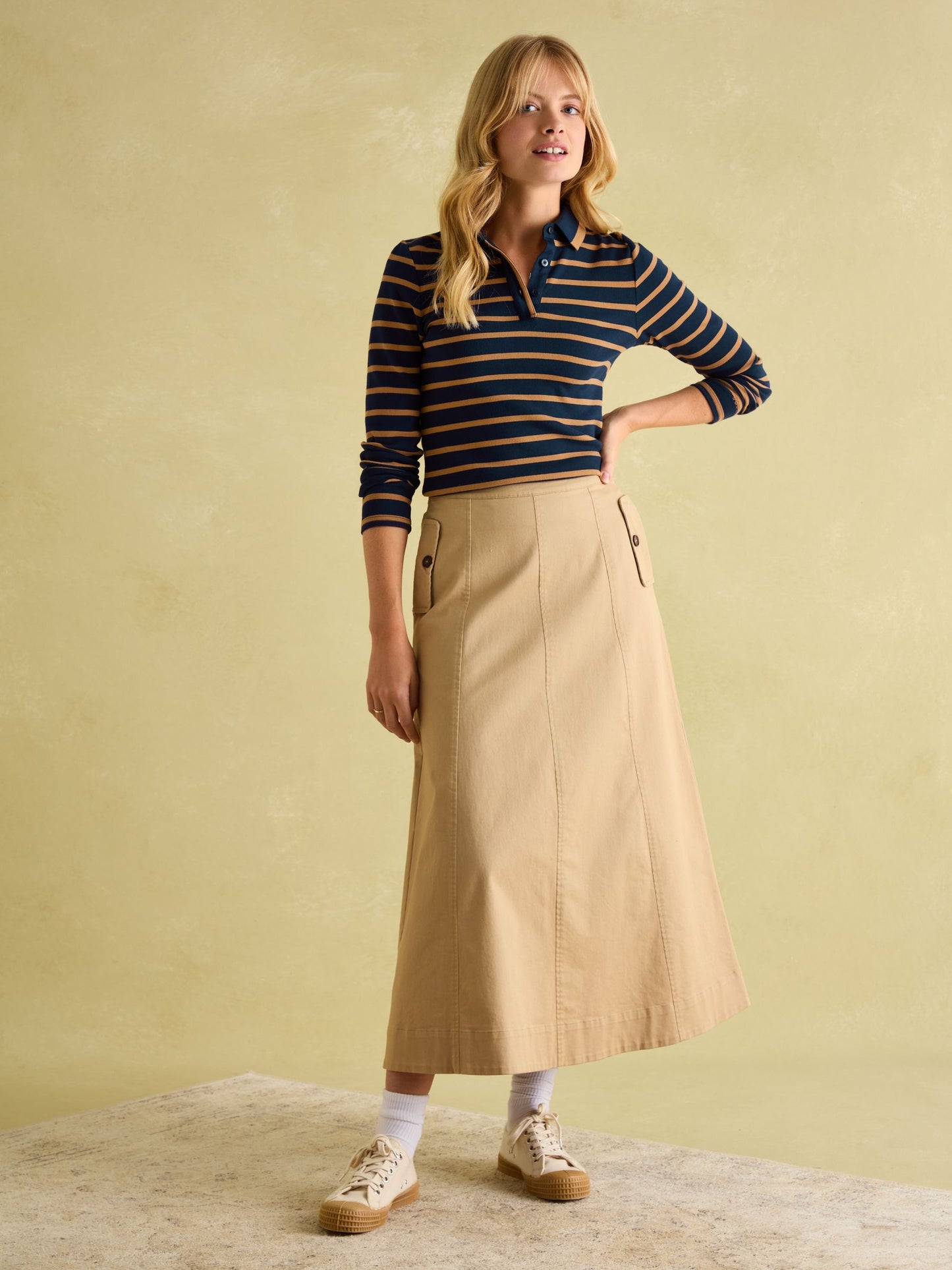 Fairfield Navy & Tan Long Sleeve Ribbed Polo Shirt